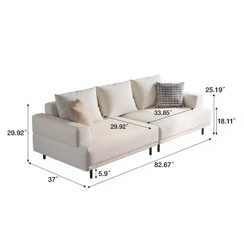 Divano moderno in tessuto traspirante di cotone-lino, struttura in legno massello, cuscino seduta in spugna ad alta elasticità, beige chiaro