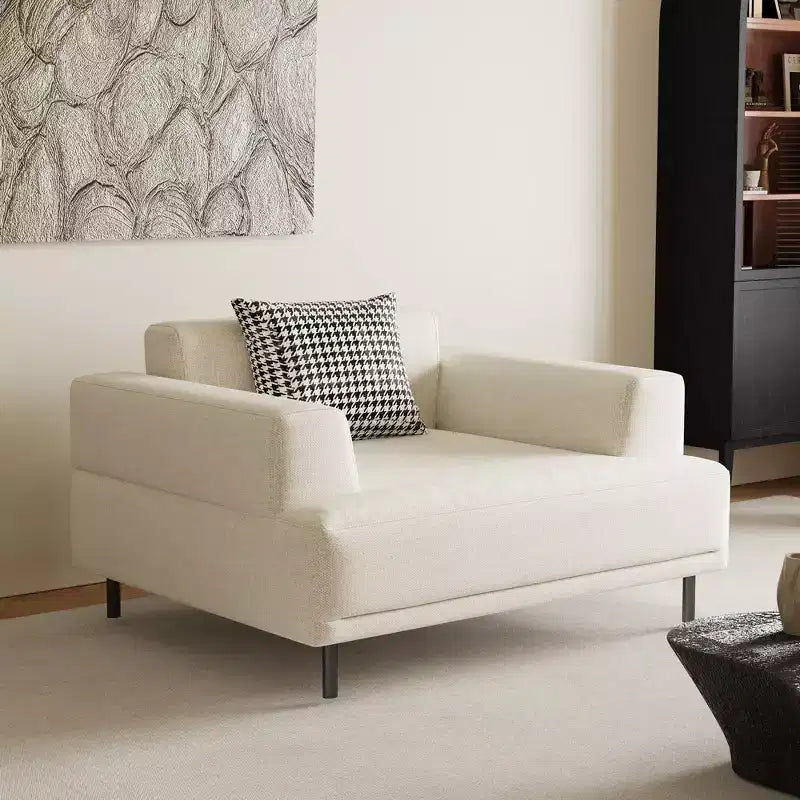 Divano moderno in tessuto traspirante di cotone-lino, struttura in legno massello, cuscino seduta in spugna ad alta elasticità, beige chiaro