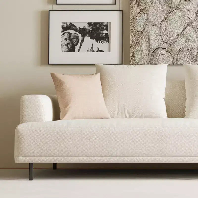 Divano moderno in tessuto traspirante di cotone-lino, struttura in legno massello, cuscino seduta in spugna ad alta elasticità, beige chiaro