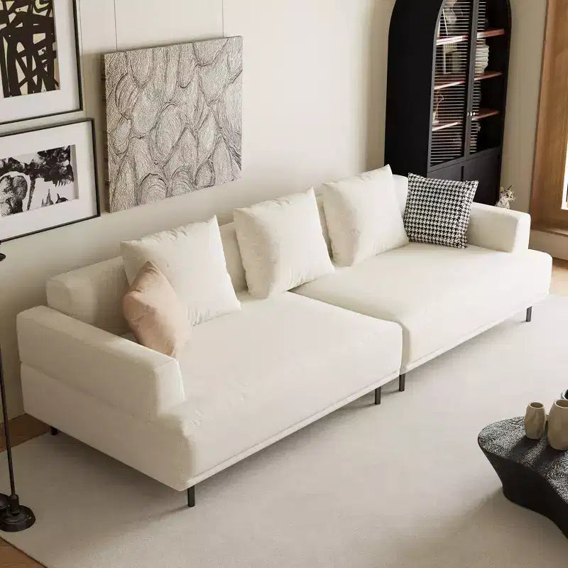 Divano moderno in tessuto traspirante di cotone-lino, struttura in legno massello, cuscino seduta in spugna ad alta elasticità, beige chiaro