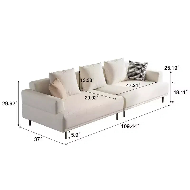 Divano moderno in tessuto traspirante di cotone-lino, struttura in legno massello, cuscino seduta in spugna ad alta elasticità, beige chiaro