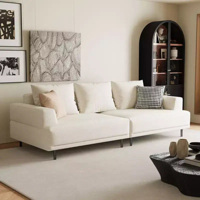 Divano moderno in tessuto traspirante di cotone-lino, struttura in legno massello, cuscino seduta in spugna ad alta elasticità, beige chiaro