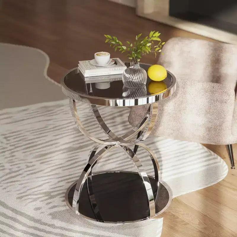 Tavolino Moderno in Vetro da 50 cm con 2 Ripiani, Struttura ad Anello