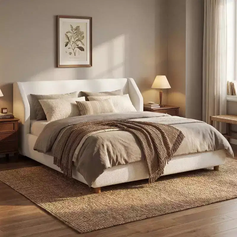 Letto moderno in legno imbottito in Bouclé con testiera ad alette extra large