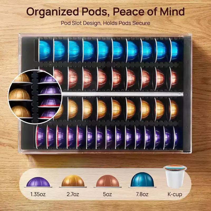 Organizzatore in acrilico trasparente per capsule di caffè, può contenere 40 capsule grandi o 60 piccole