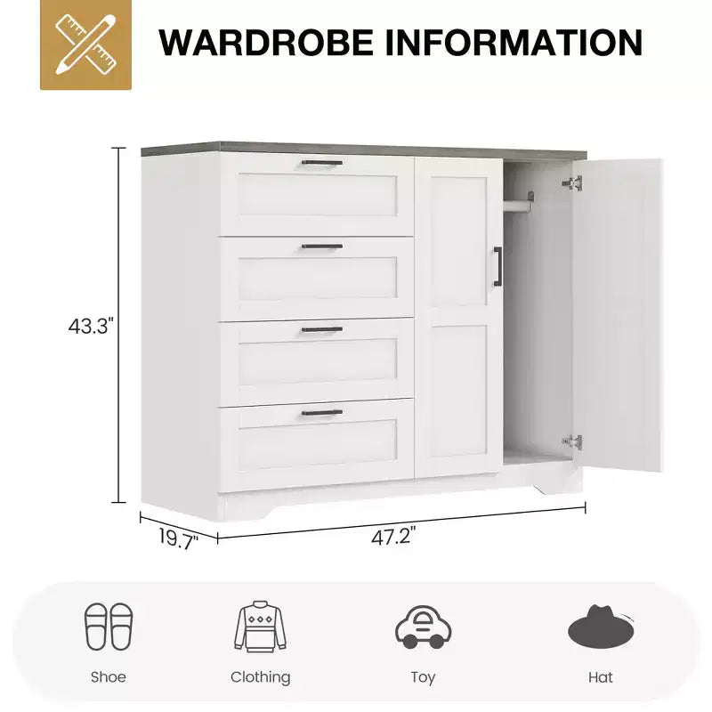 Cassettiera in legno da 43,3 H, armadio basso multifunzionale con 4 cassetti e asta appendiabiti, armadietto contenitore per camera da letto e soggiorno