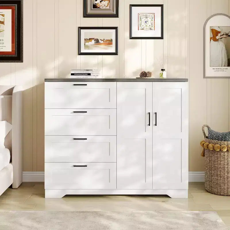 Cassettiera in legno da 43,3 H, armadio basso multifunzionale con 4 cassetti e asta appendiabiti, armadietto contenitore per camera da letto e soggiorno