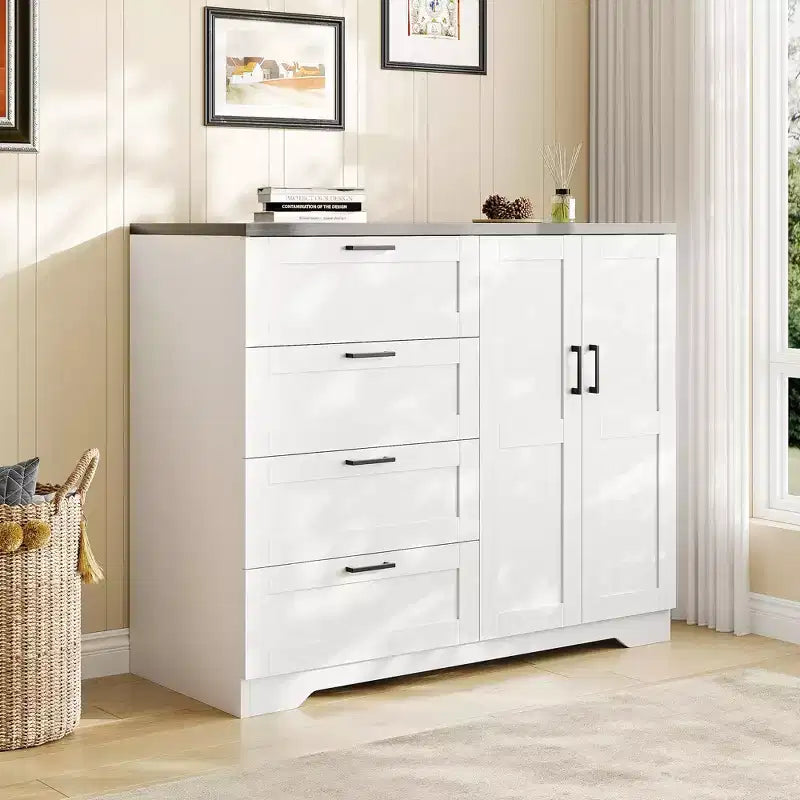Cassettiera in legno da 43,3 H, armadio basso multifunzionale con 4 cassetti e asta appendiabiti, armadietto contenitore per camera da letto e soggiorno