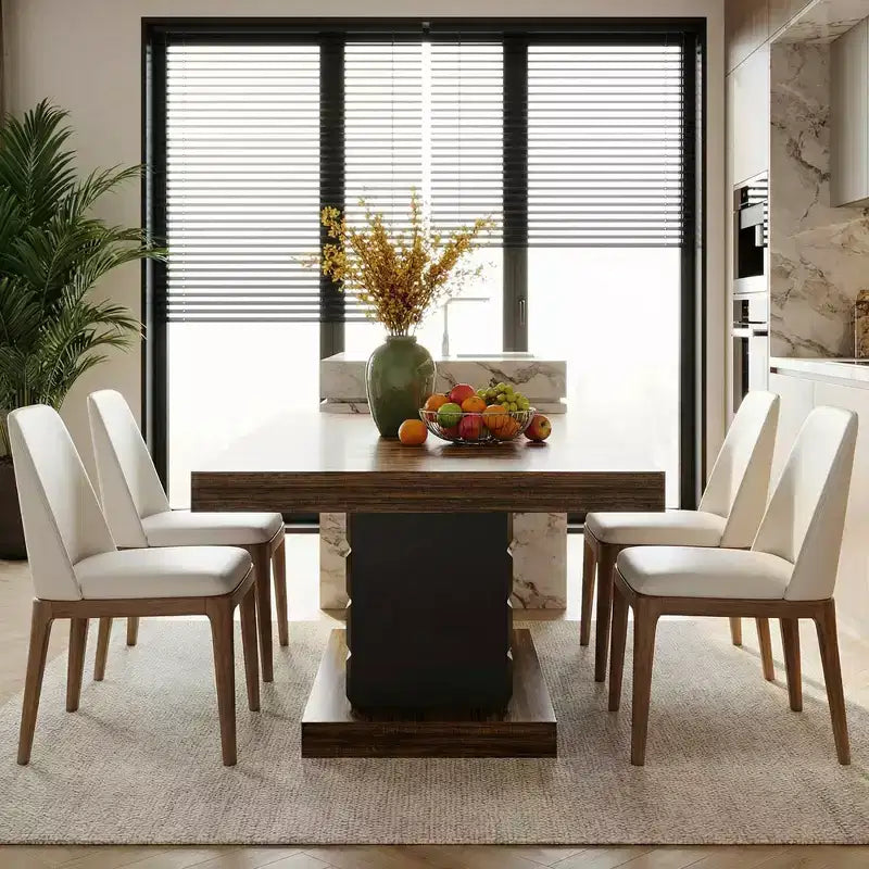Tavolo da pranzo moderno geometrico da 160 cm, piano in MDF marrone con base nera a cubo, tavolo da cucina