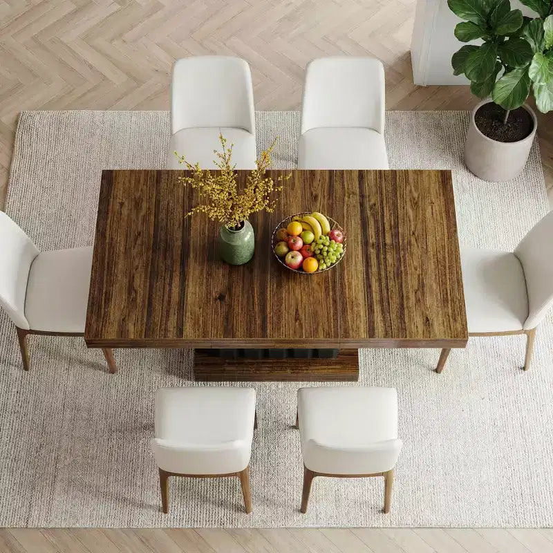 Tavolo da pranzo moderno geometrico da 160 cm, piano in MDF marrone con base nera a cubo, tavolo da cucina