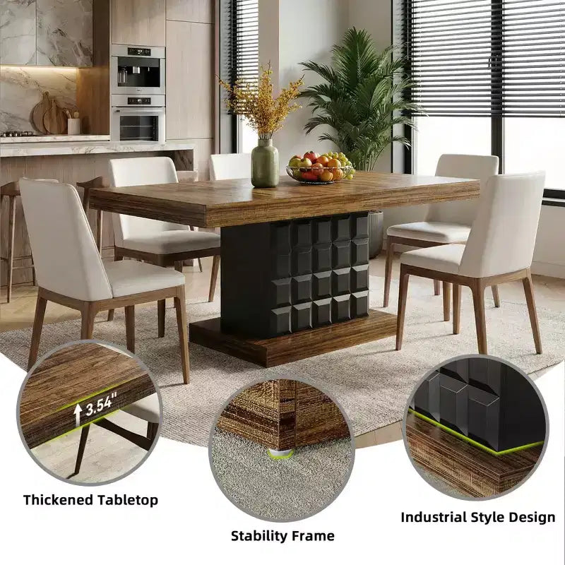 Tavolo da pranzo moderno geometrico da 160 cm, piano in MDF marrone con base nera a cubo, tavolo da cucina