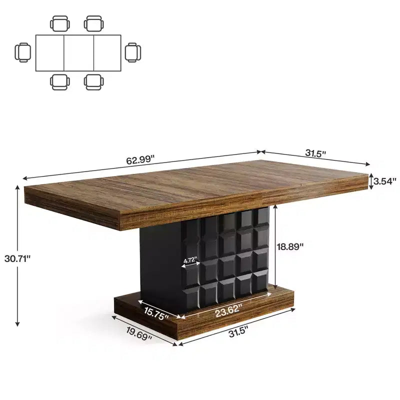 Tavolo da pranzo moderno geometrico da 160 cm, piano in MDF marrone con base nera a cubo, tavolo da cucina