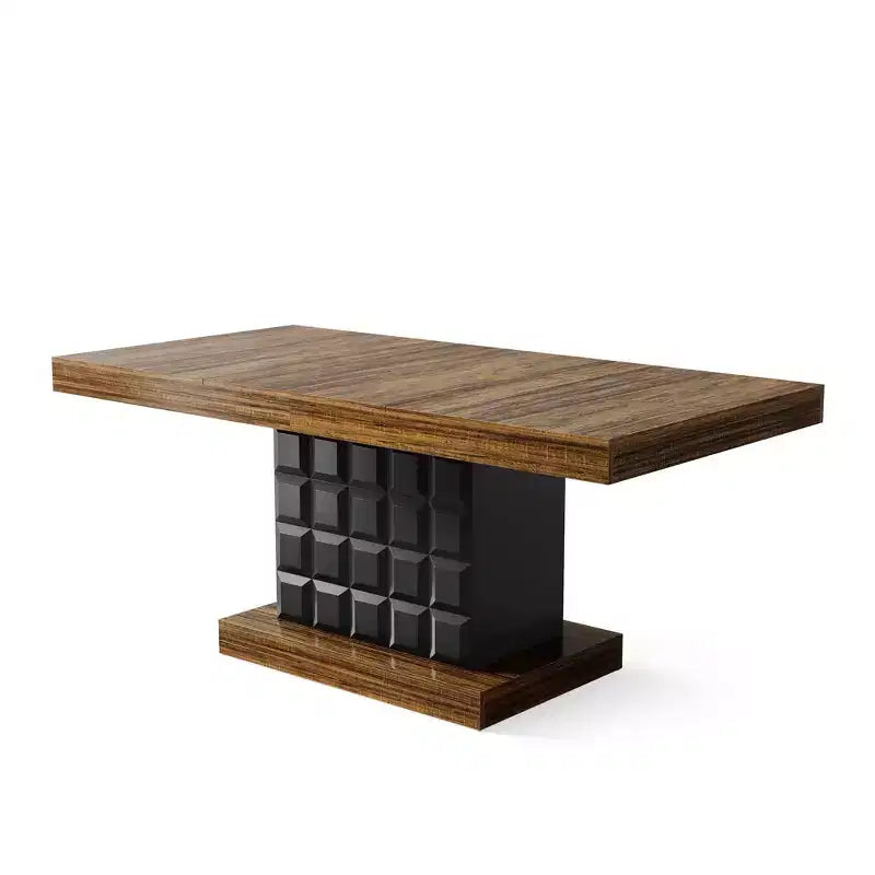 Tavolo da pranzo moderno geometrico da 160 cm, piano in MDF marrone con base nera a cubo, tavolo da cucina