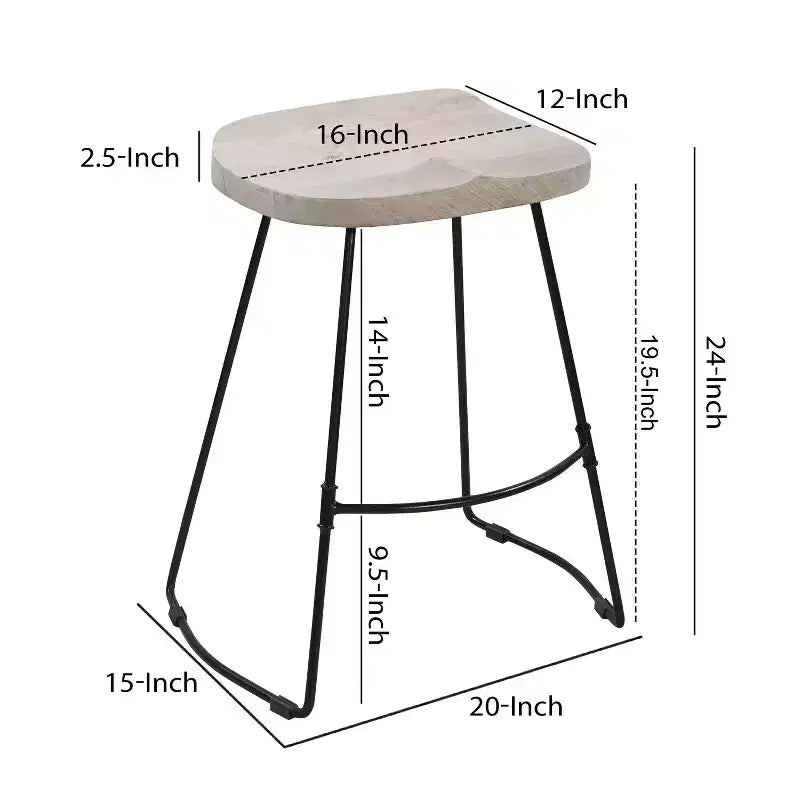 Sgabello da 24" senza schienale, altezza bancone, con sedile a sella in legno di mango sbiancato e base in metallo nero