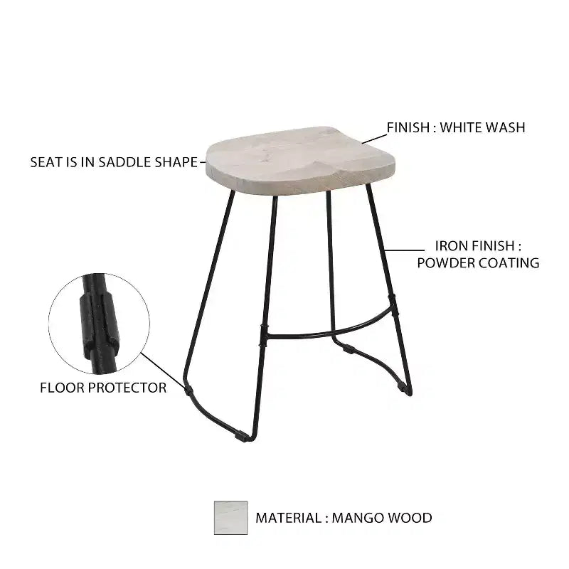 Sgabello da 24" senza schienale, altezza bancone, con sedile a sella in legno di mango sbiancato e base in metallo nero